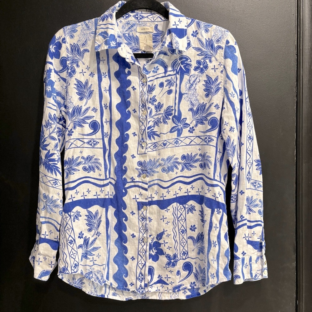 Linen button down blouse Joie blue white size small